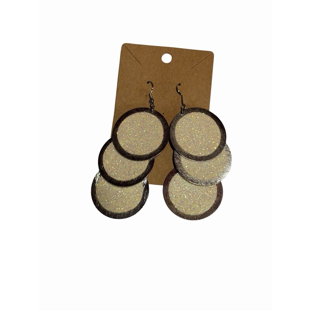 Silver‎ Tone Glitter Tiered Circle Drop Earrings Statement Dangle Jewelry